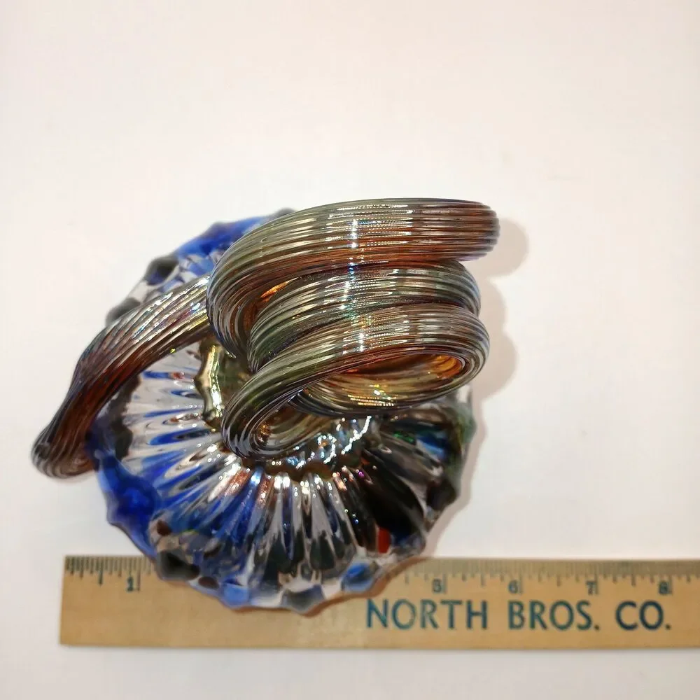 Studio Art Glass Signed Hand Blown  Pumpkin Sculpture Blue Black & Gold 5 in